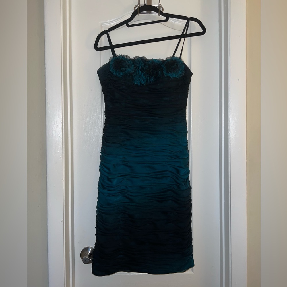 Teal and Black Ruched Strappy cocktail dress